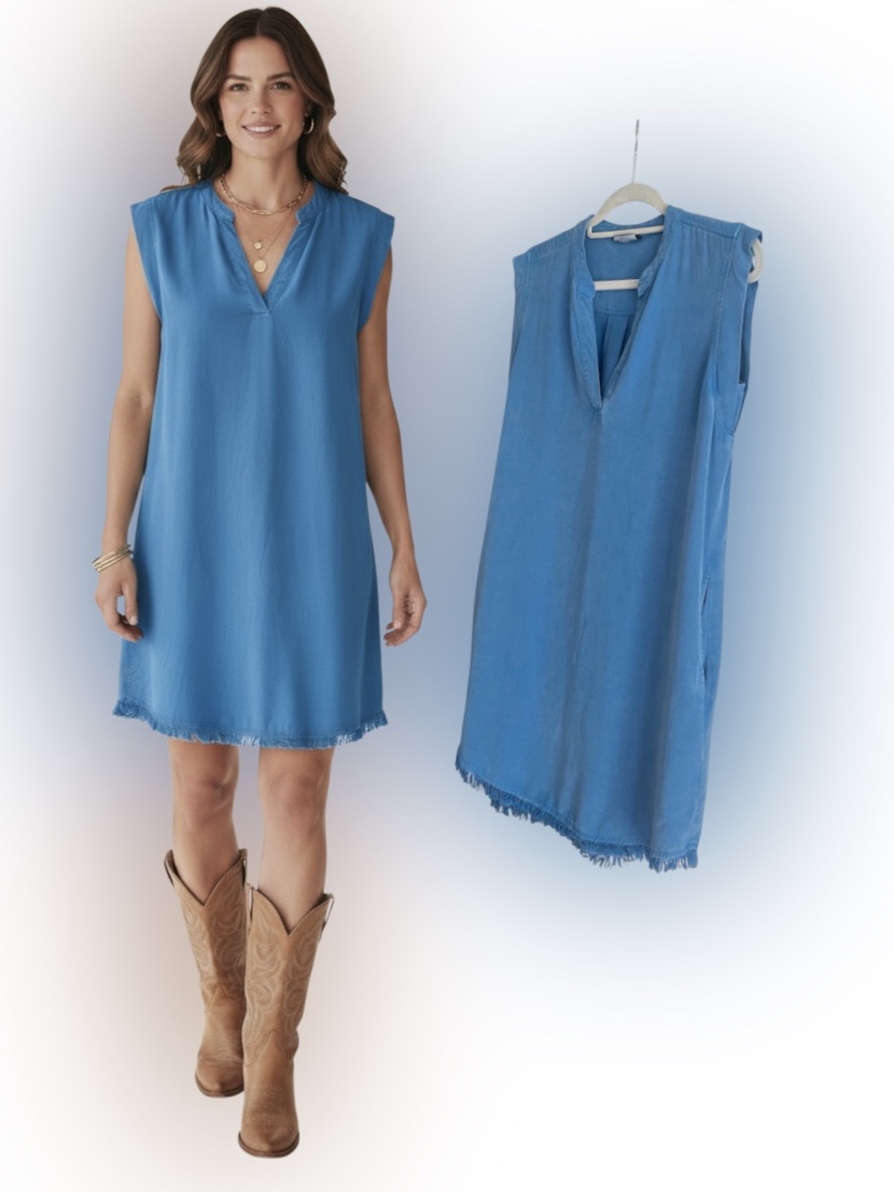 MAVEN WEST Blue Tencel Fringe Shift Dress XS S 19" P2P Western Boho Fall